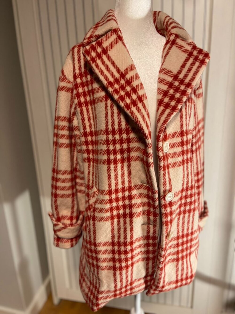 Monsolaire Red Plaid Wool 80% Blend Coat – Korean Size 66 Medium Double Breasted - Picture 4 of 11